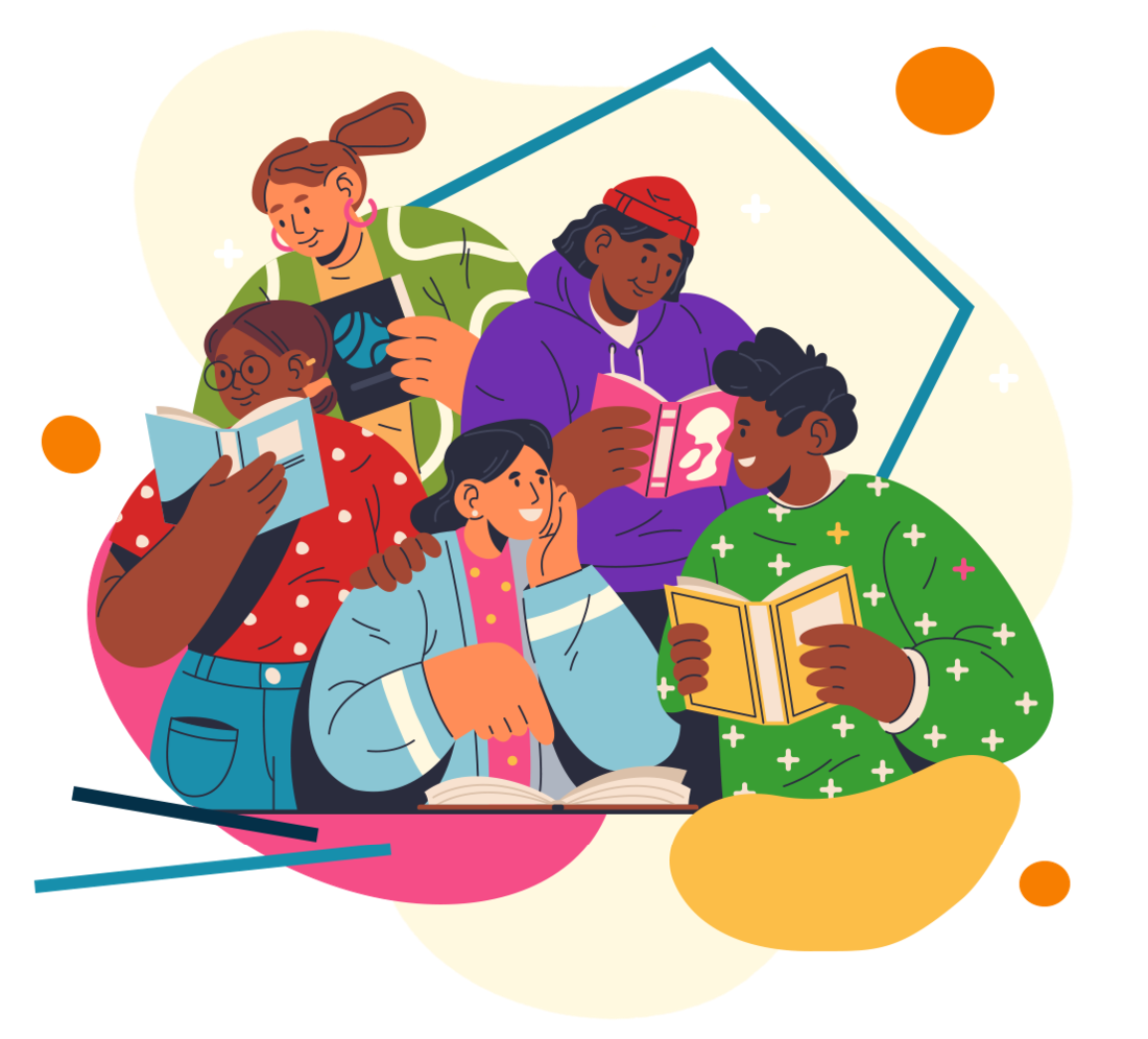 Diverse group of five people reading books and chatting