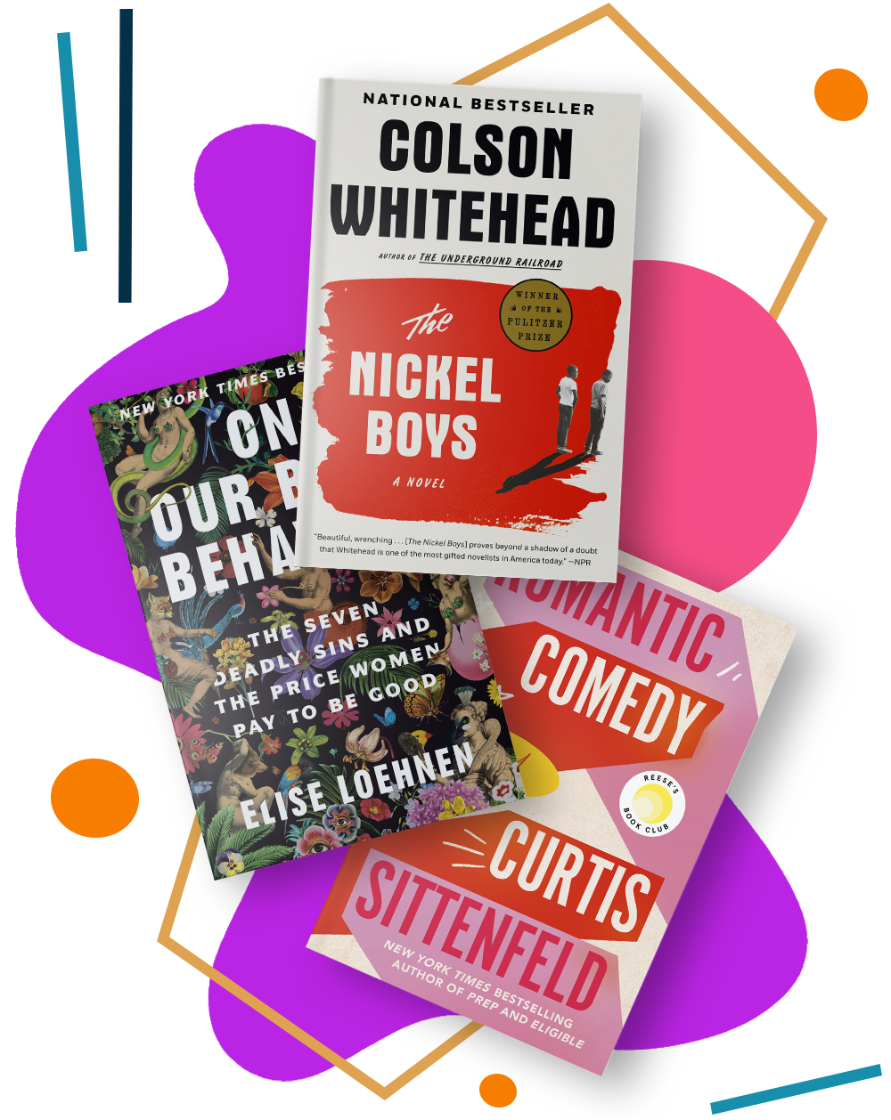 Stack of three books: The Nickel Boys, On Our Best Behavior, and Romantic Comedy